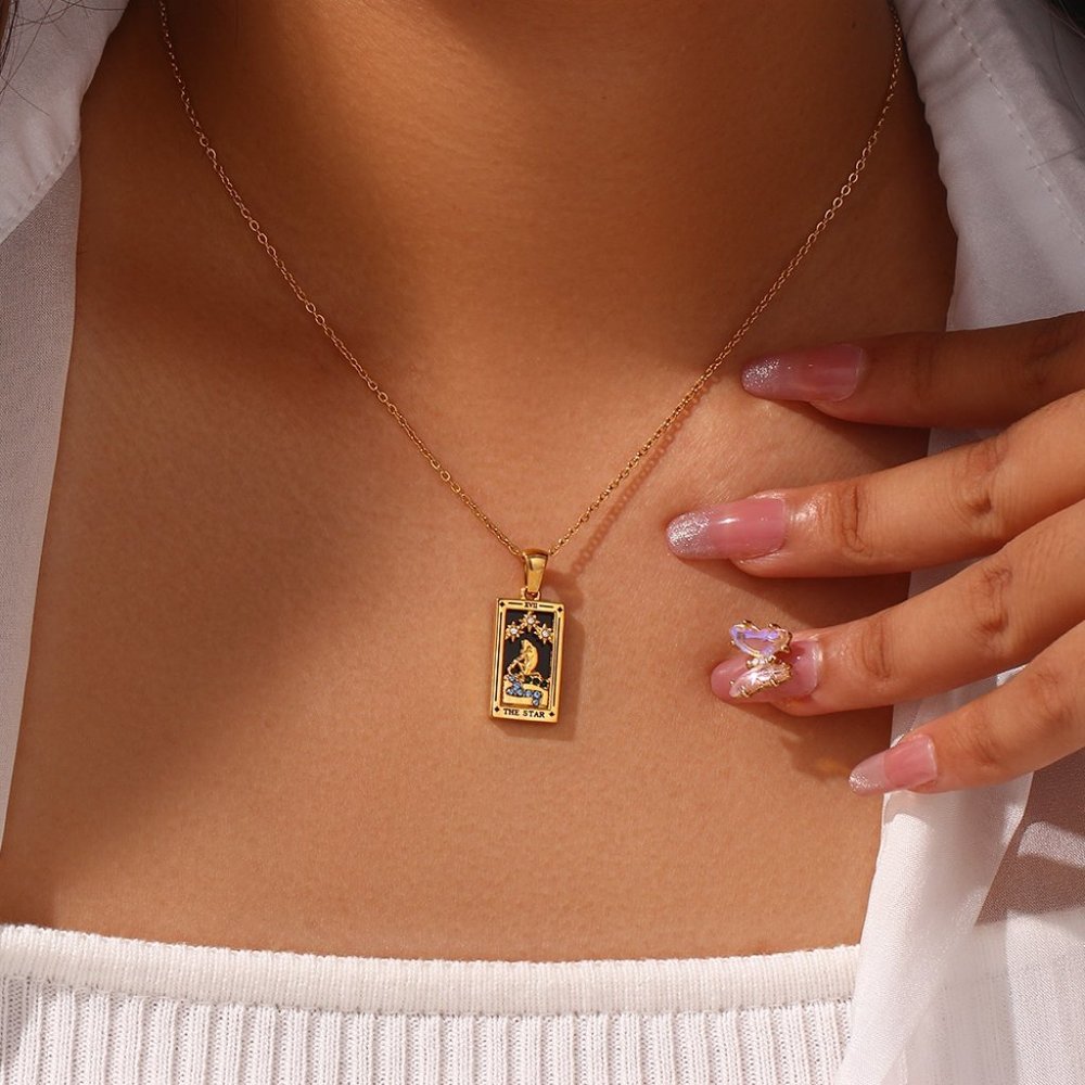 Star Tarot Card Pendant Necklace PVD 18K Gold Enamel Rectangle Stainless Steel - Picture 3 of 8
